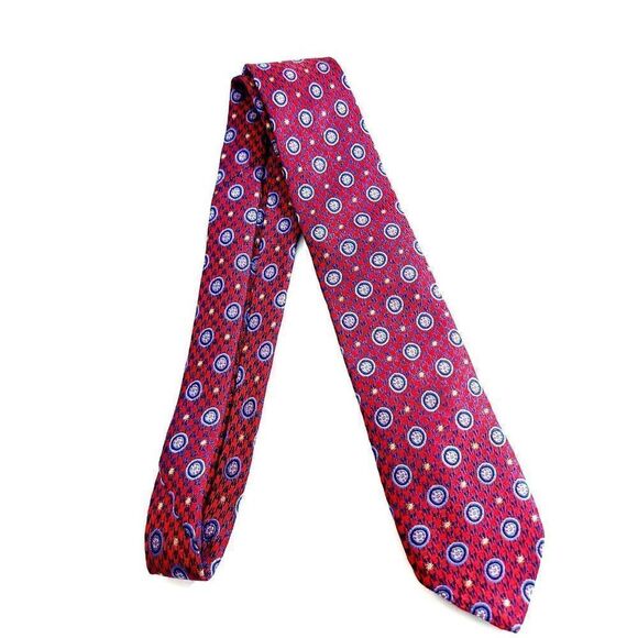 Joseph Abboud Red Herringbone Floral Geometric Blue Woven Short Skinny Silk Tie - Picture 6 of 7